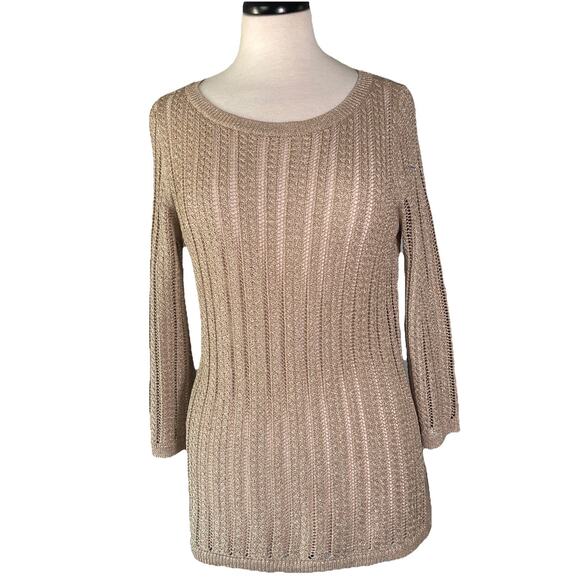 Talbots Women's Beige Metallic Gold Sweater Pullover S Knit Weave Long Sleeve - Picture 1 of 4
